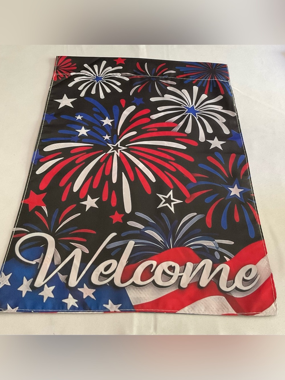 Patriotic Fireworks 'Welcome' Outdoor Garden Flag - Red, White & Blue